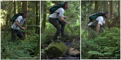 Stéphane à l’affût. Philippe, au pas de course, passe le ruisseau en un temps. Il n’était pas temps que je rate mon coup sinon, à la sortie de l’eau, on m’aurait surnommé Schtroumpf  gaffeur ou bêta. Qui a dit que chercher des fourmis était sans risque et monotone ?